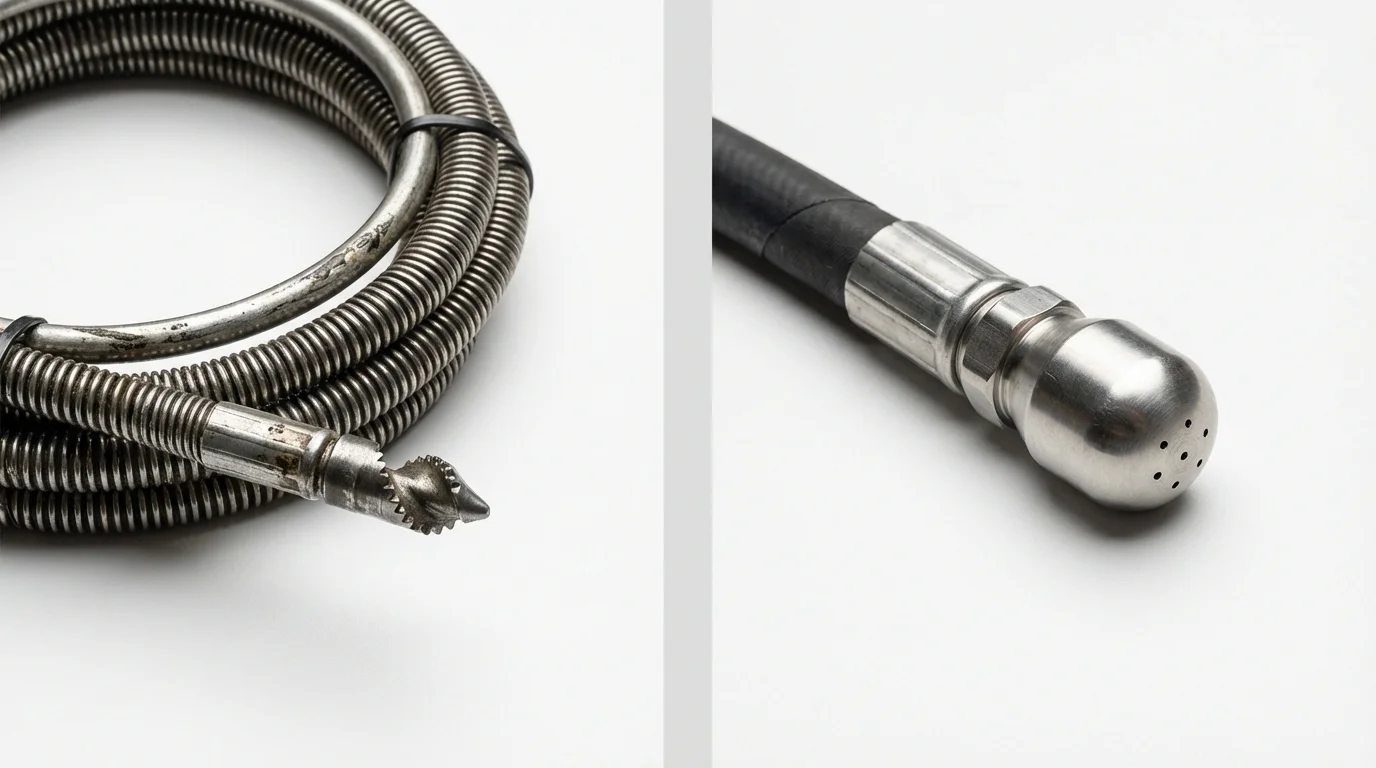 Drain snake cable and hydro jetting nozzle used for drain cleaning in Jonesboro, GA