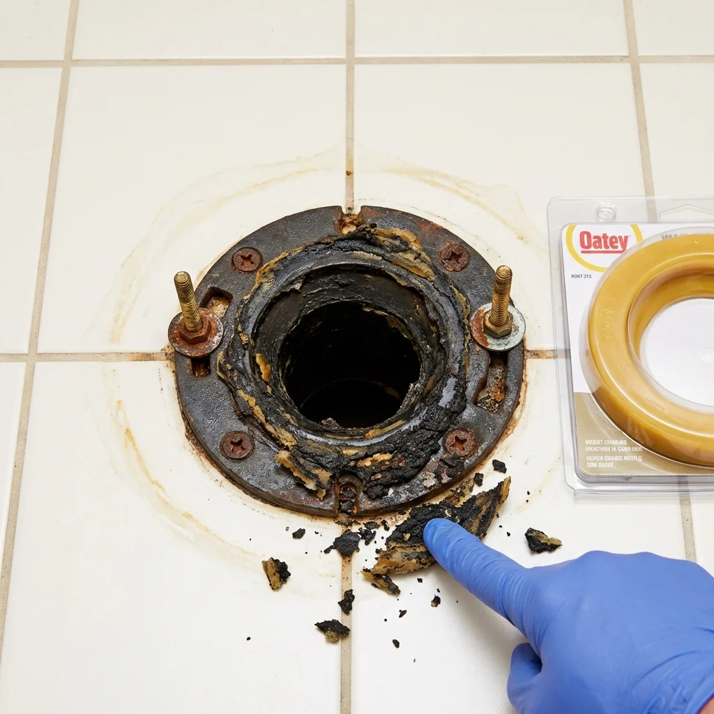 Failed wax ring showing water seepage at the base of a toilet in a Jonesboro, GA home